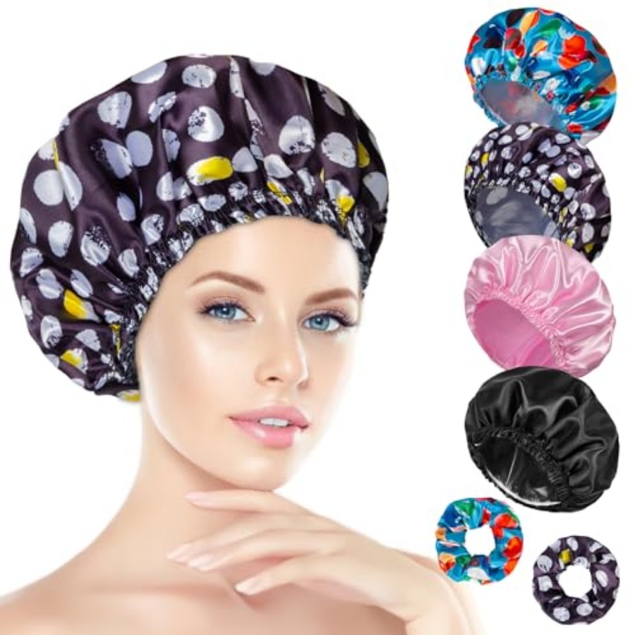 Scrunchie Satin Set - 여성용 샤워캡 4개 세트, 목욕캡, 이중