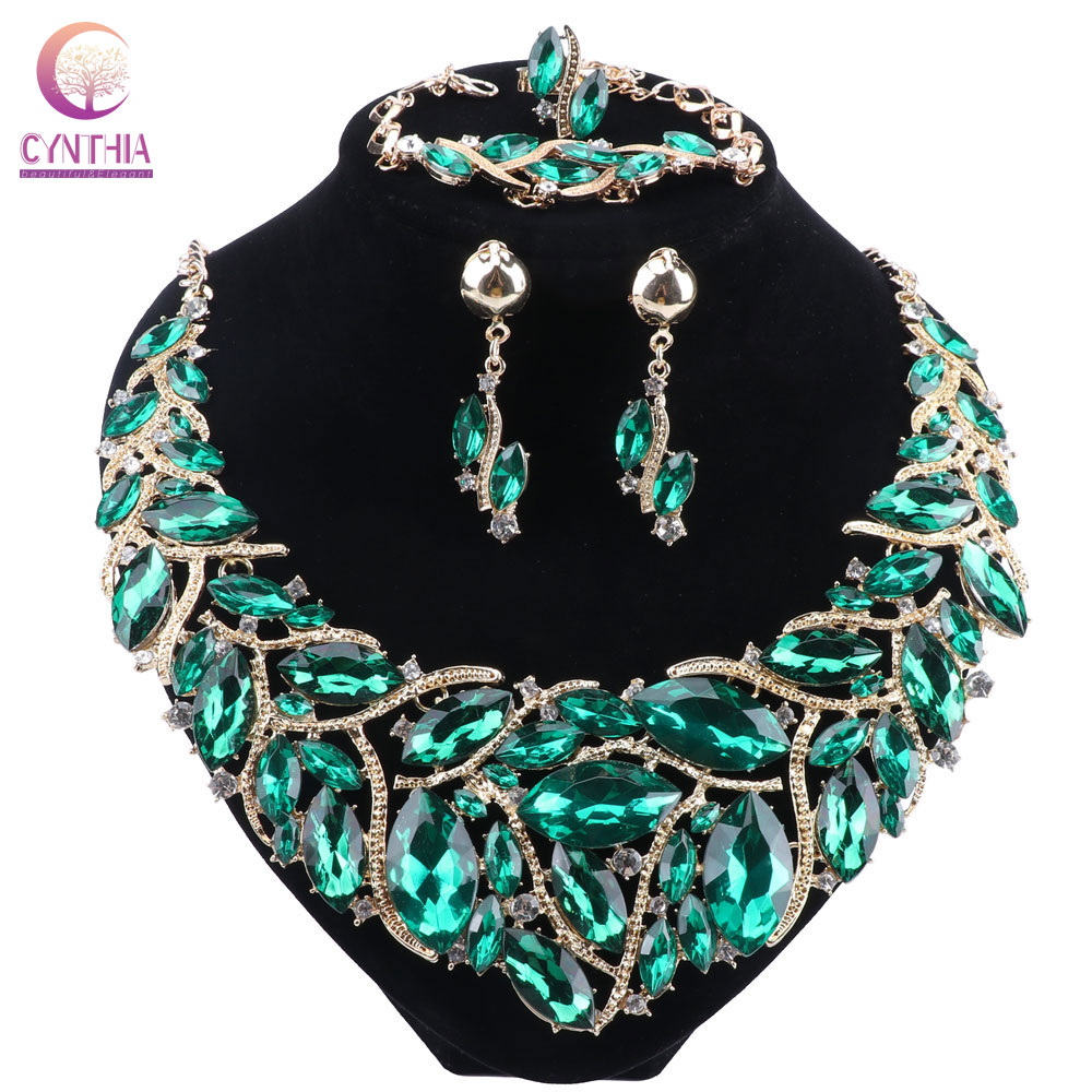 신시아 럭셔리 그린 컬러 크리스탈 목걸이 귀걸이 쥬얼리 - Women Accessories India 리뷰 및 가격